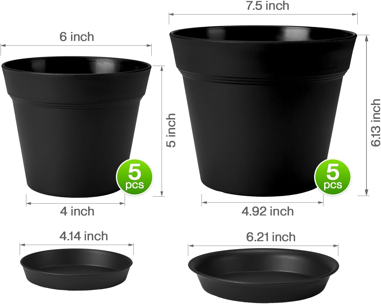 homenote Plant Pots,6/7.5 Inch Flower Pots for Plants Plastic Planters for Indoor with Multiple Drainage Holes and Trays, for All Home Garden Flowers Succulents,Outdoor(Black,10 Pack)
