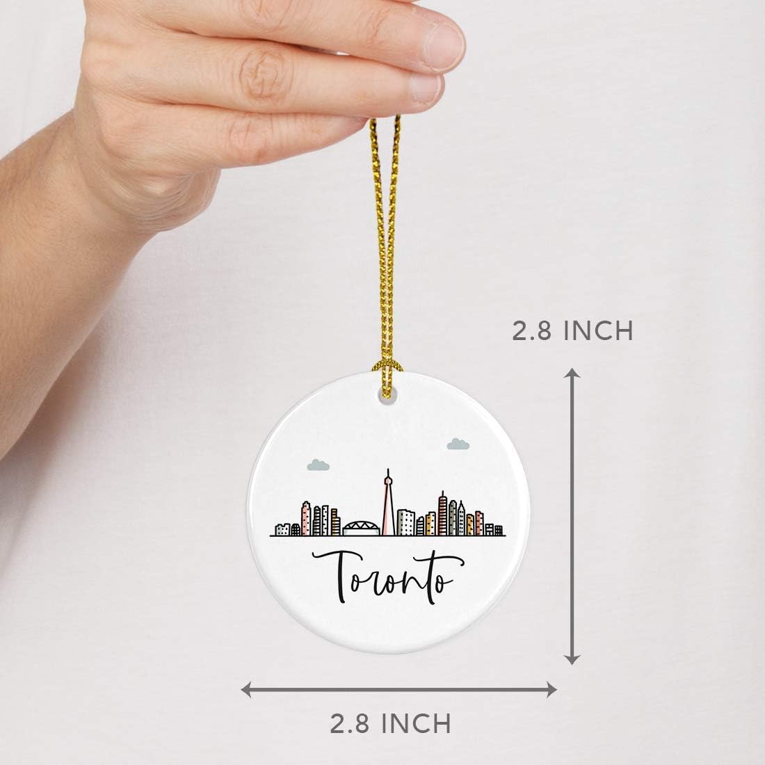 Andaz Press Round Ceramic Porcelain Christmas Tree Ornament Keepsake Gift, Toronto, Colorful International City Skyline Graphic, 1-Pack, Birthday Ideas Family Coworker Him Her, Gift Box