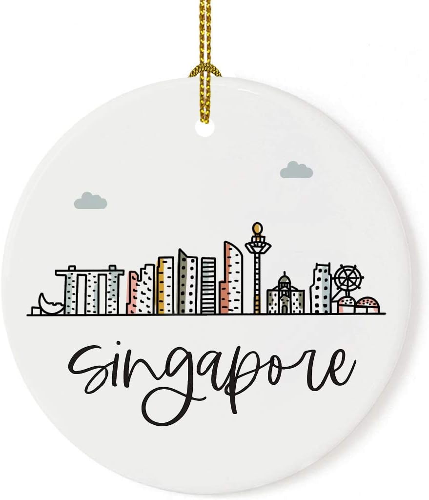 Andaz Press Round Ceramic Porcelain Christmas Tree Ornament Keepsake Gift, Singapore, Colorful International City Skyline Graphic, 1-Pack, Birthday Ideas Family Coworker Him Her, Gift Box