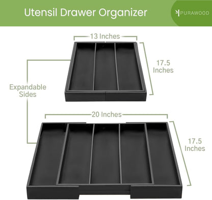 Purawood Kitchen Drawer Organizer - Expandable Utensil Organizer for Kitchen, Cutlery Tray & Silverware Organizer, 3-5 Slots - Bamboo Drawer Organizer for Utensils & Flatware (Black)