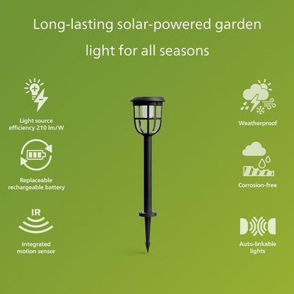 Philips Solar LED 1-Pack Ultra-Efficient Pathway Light - Radii, Automatically Linkable, Dusk to Dawn, Motion Sensor, 3000K Bright White Light, IP44, Black