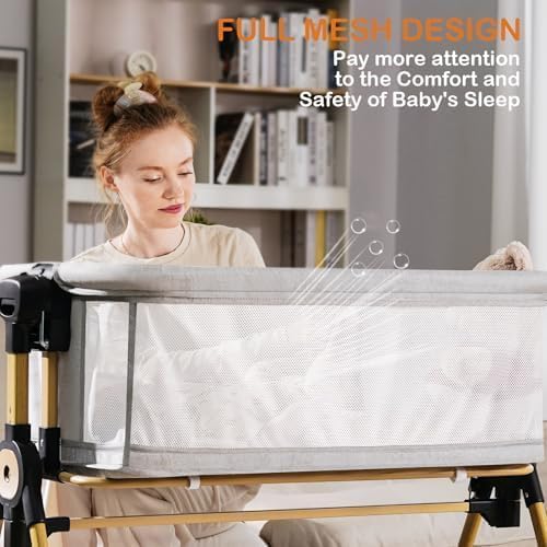 3 in 1 Baby Bassinet,Bedside/Rocking Bassinet for Baby,Bedside Crib with Lockable Wheels,Waterproof Mattress,Adjustable 6 Heights,Portable Bassinets Bedside Sleeper for Newborn Infant