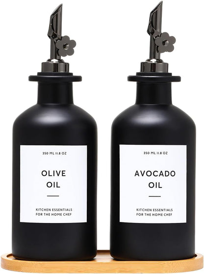 HOMCDALY Olive Oil Dispenser for Kitchen, 11.8oz Glass Kitchen Dispenser Bottle, Black Oil&Vinegar Cruet Set, Leakproof Olive Oil Bottles | Set of 2 (11.8oz – Black)