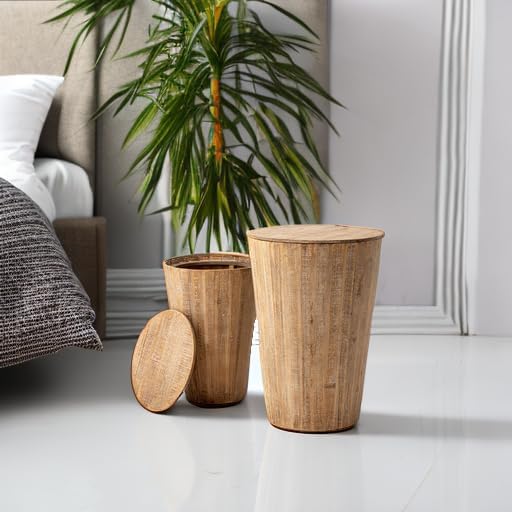 Farmhouse Nesting Barrel Side Table, Rustic Space Saving Storage End Table Set Fully Assembled, Natural Distressed Finish