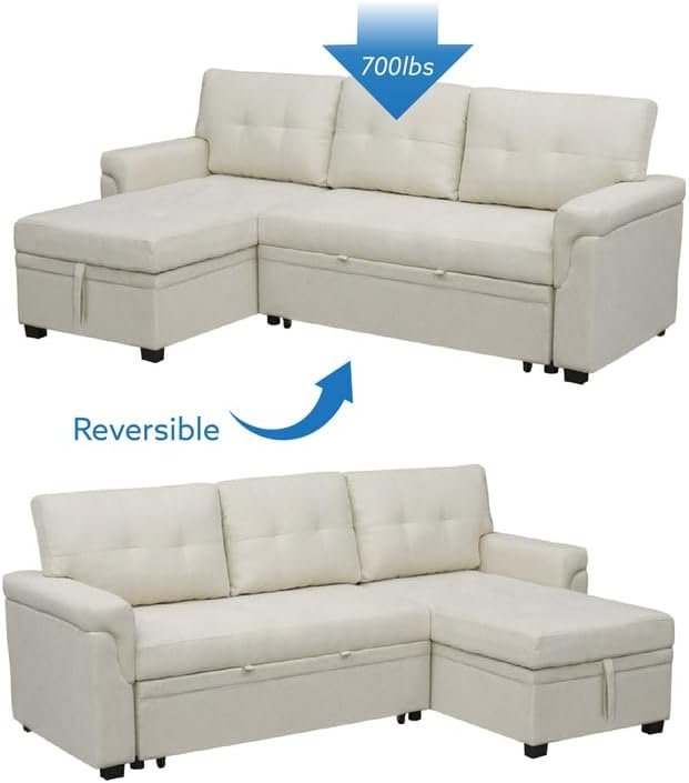 Naomi Home Transform Any Space: Sleeper Sectional Sofa with Convertible Sofa Bed & Inviting Chaise. Find Tranquil Comfort with Stress-Relieving Design & Durable Cushions - White/Air Leather