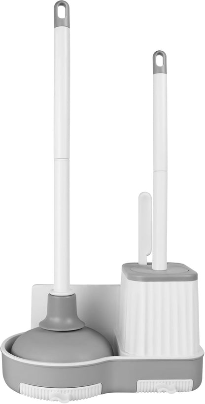 Toilet Brush and Plunger, 3 in 1 Toilet Bowl Brush and Holder with Crevice Cleaning Brush Wall Mounted Household Bathroom Cleaning Tools Combo Set(White-Gray)