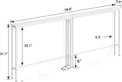 ELYKEN 2 Pack 5.9" Narrow Console Sofa Table with Power Outlets, 5.9" Dx39.4 Wx31.1 H Long Couch Table with Metal Frame and Charge Station with 6.5’ Extension Cord, White