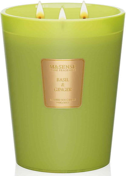 M&SENSE Basil Ginger Scented Candle 35oz 150H Burn Time Long Lasting, 3-Wick Natural Aromatherapy Candle Highly Scented, Home Fragrance Housewarming Gifts