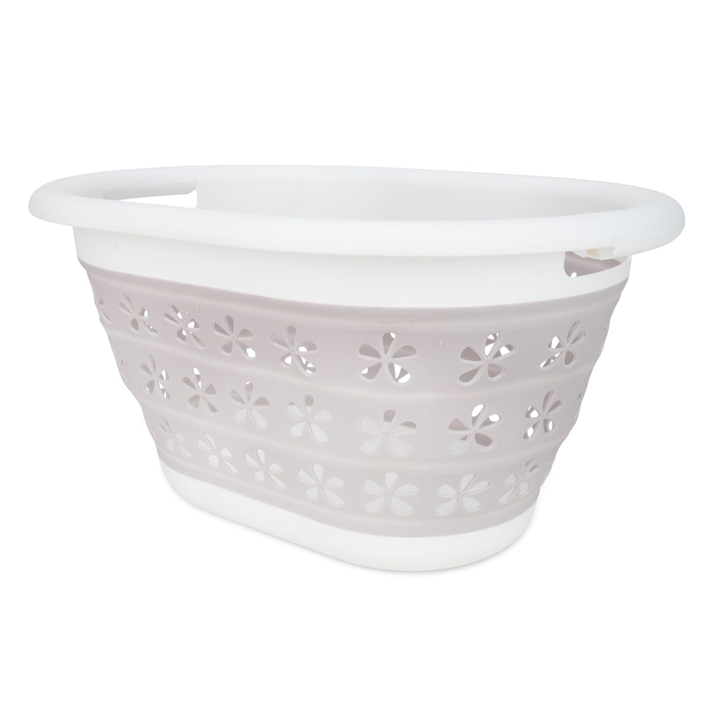 Camco Collapsible Laundry Basket, Small, Taupe/White - Pop Open Waterproof Plastic Bin with Handles