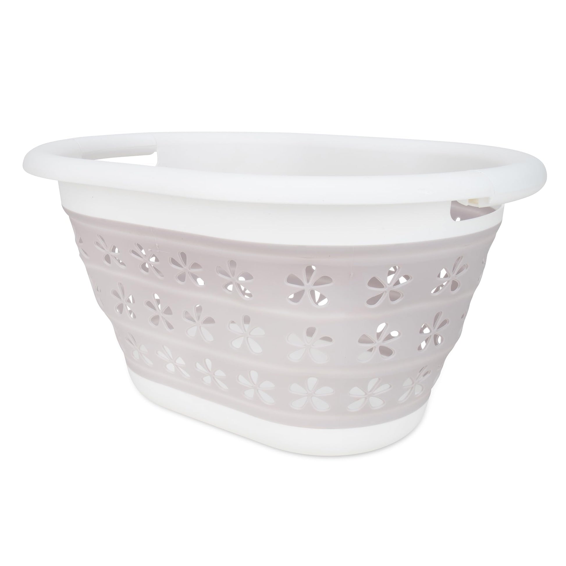 Camco Collapsible Laundry Basket, Small, Taupe/White - Pop Open Waterproof Plastic Bin with Handles