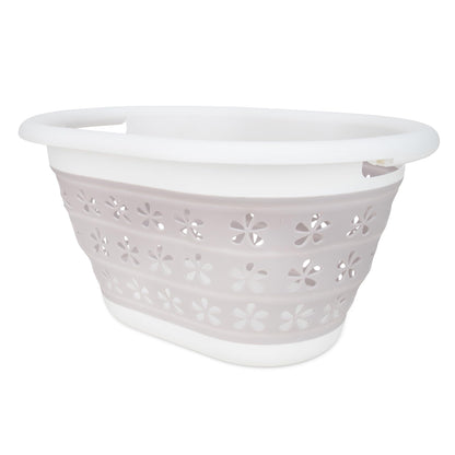 Camco Collapsible Laundry Basket, Small, Taupe/White - Pop Open Waterproof Plastic Bin with Handles