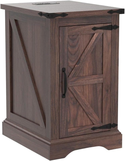 JXQTLINGMU Nightstand with Charging Station, Rectangular Farmhouse End Table with Barn Door and Adjustable Storage Shelf, 17" Deep Wood Rustic Sofa Side Table for Living Room, Bedroom, Brown