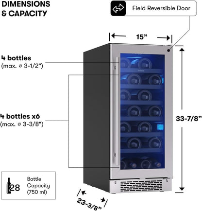 Zephyr Brisas 15 Inch Slim Wine Fridge Single Zone Under Counter - Narrow Mini Wine Cooler Small Cabinet Wine Refrigerator Home Bar Freestanding with Glass Door - 28 x 750ml Bottles