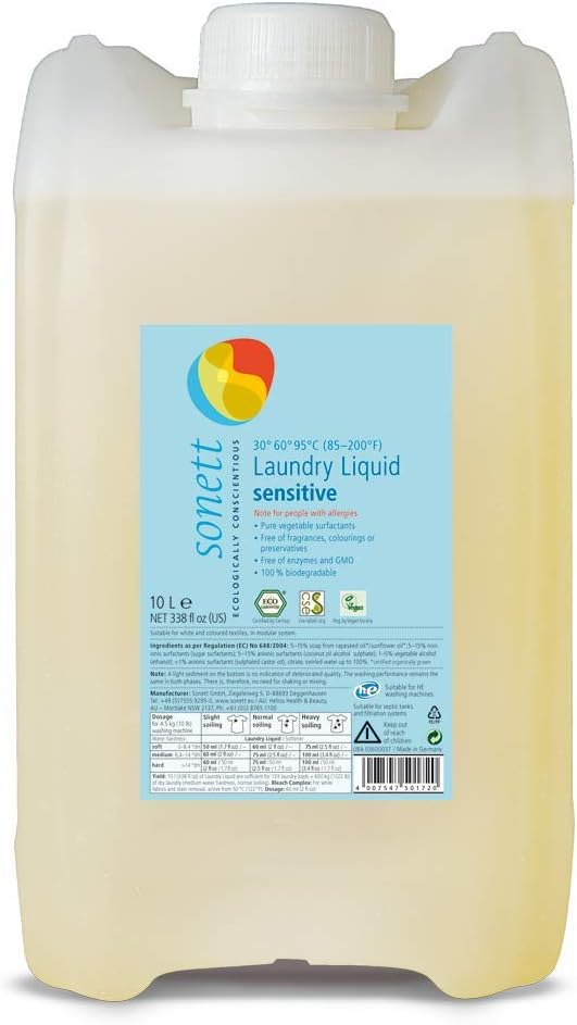 Sonett Organic Laundry Liquid Detergent Sensitive (2.6 gal/10L) for people with allergies GMO free