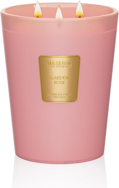 M&SENSE Garden Rose Scented Candle 35oz 150H Burn Time Long Lasting, 3-Wick Natural Aromatherapy Candle Highly Scented, Home Fragrance Housewarming Gifts
