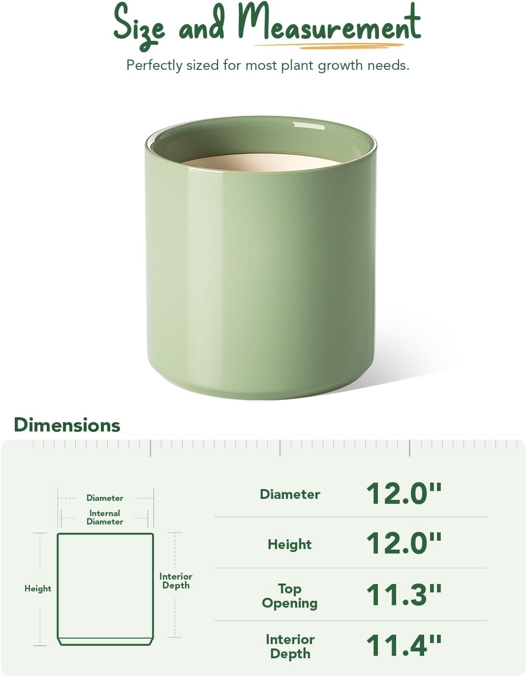 LE TAUCI 12 Inch Pots for Plants, Ceramic Large Plant Pot for Indoor Plants, Mid-Century Modern Planter Pot with Drainage Hole, Reactive Glaze Green