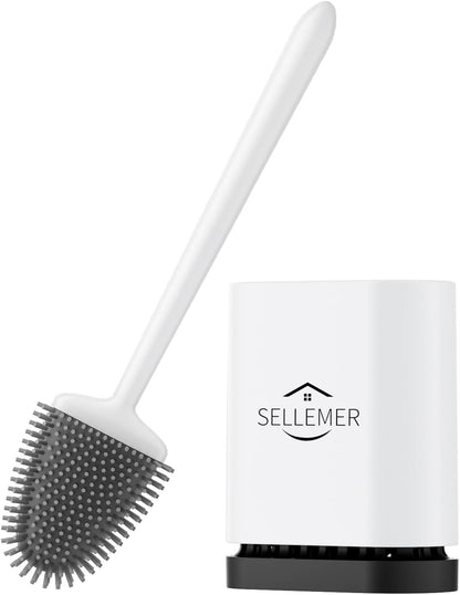 Sellemer Toilet Brush and Holder Set - Flexible Toilet Bowl Brush Head with Silicone Bristles, Compact Size for Storage and Organization, Ventilation Slots Base (1 Pack, White)