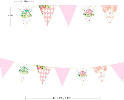 Spring Tea Party Decorations Pink and Gold Floral Flower Butterfly Teapot Teacup Plaid Paper Triangle Flag Pennant Banner Bunting for Spring Birthday Wedding Bridal Baby Shower Engagement Tea Party