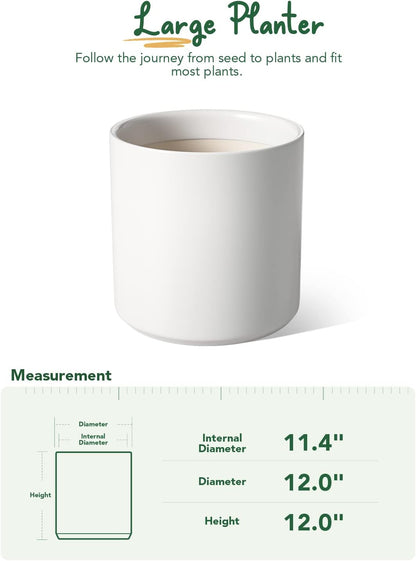 LE TAUCI 12 Inch Pot for Plants, Ceramic Large Planter for Indoor Plants, Mid-Century Modern Flower Pots with Drainage Hole and Removable Plug, White