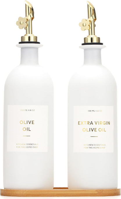 HOMCDALY Olive Oil Dispenser for Kitchen, 16oz Glass Oil Bottles with Bamboo Tray, Gold Oil&Vinegar Cruet Set, Kitchen Dispenser Bottles with Pourer | Set of 2 (16oz – Gold)