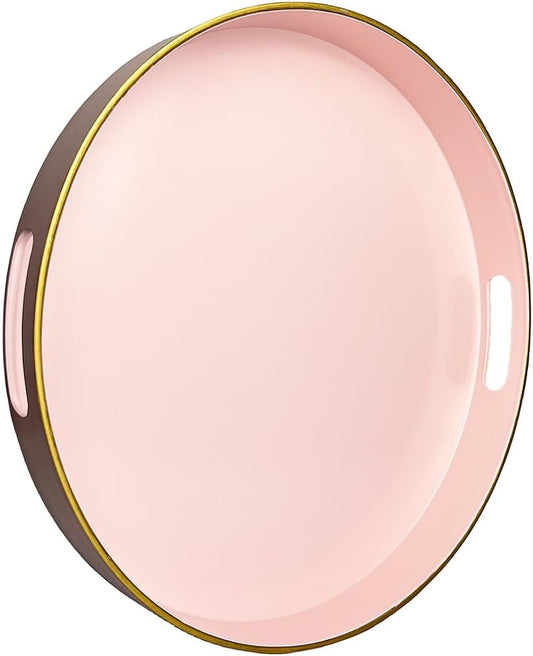 13" Pink Serving Tray with Handles,Round Decorative Tray for Coffee Table, Plastic Modern Coffee Table Tray for Ottoman, Living Room, Bathroom, Décor.