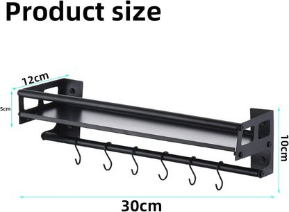 Wall Mount Storage Holder，Stainless Steel Strong Shelf with 6 Removable Hooks, Spice Rack Organizer，Kitchen Organizer Shelf, Space Saving Spice Rack and Kitchen Storage (black)