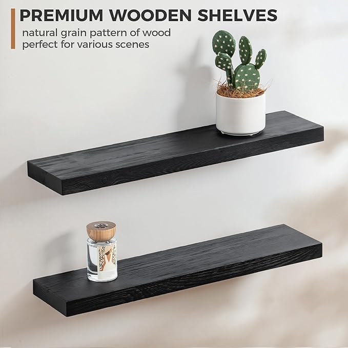 Fun Memories Handcrafted European Pine Floating Shelves - Natural Rustic Wooden Wall Shelf Set of 2-24 Inch Storage Shelf Display Shelf for Kitchen Bathroom Living Room Bedroom Farmhouse - Black