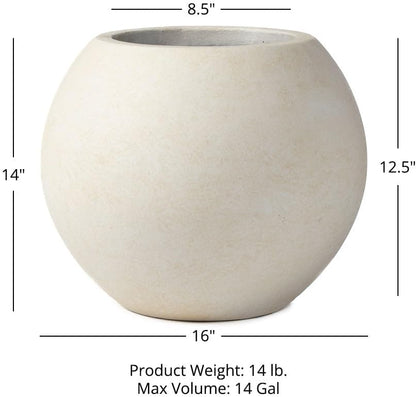Ash & Ember Onyx 16" D Ceramic Indoor Outdoor Round Sphere Planter, Satin Ivory, Home Decor Evergreen Weather Resistant Modern Planter Pot, Seamless Herb & Seasonal Flower Garden Box