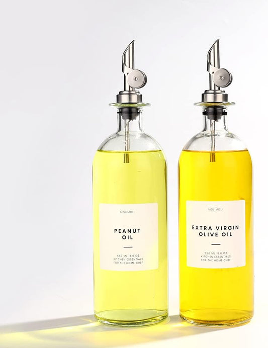 Molimoli Oil and Vinegar Dispenser with Metal Pour Spout, Weighted Pourer, Glass Bottle Dispenser for Kitchen, Olive Oil Cruet, Glass Olive Oil Bottle | 500ml, Set of 2