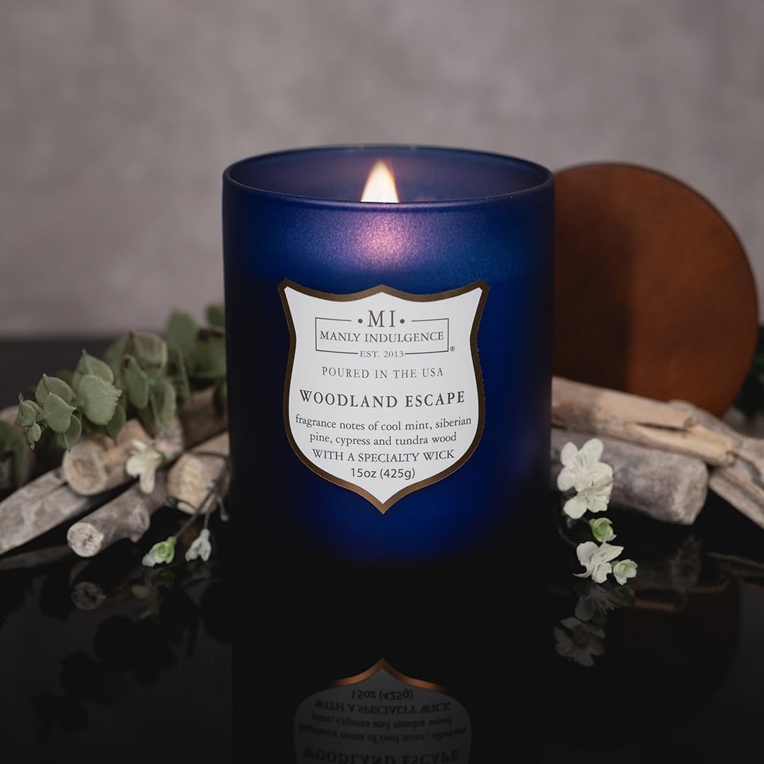 Manly Indulgence Woodland Escape Scented Candles for Men, 15 oz Wooden Wick, Premium Soy Blend Wax, 60H Burn, Candles for Home Scented - Made in The USA