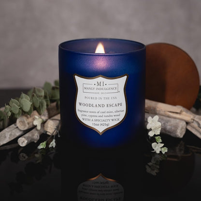 Manly Indulgence Woodland Escape Scented Candles for Men, 15 oz Wooden Wick, Premium Soy Blend Wax, 60H Burn, Candles for Home Scented - Made in The USA