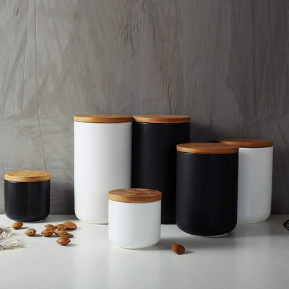 Ceramic Food Storage Jar Canister Modern Design Food Canisters with Airtight Seal Bamboo Lid, Loose Tea Coffee Spice Nuts Snacks Storage Jar Canister (Black 8.79oz/260ml)