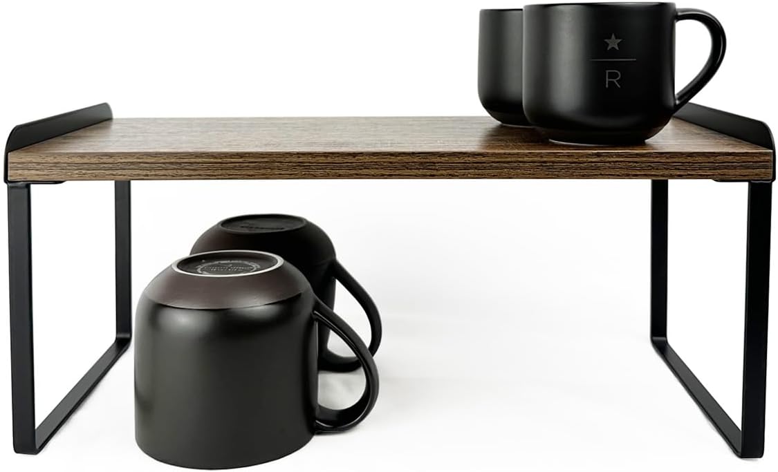 Mitus Shelf Organizer and Storage, Tiered Wood Cabinet Rack for The Kitchen Counter, Bathroom Counter, Pantry Cupboard, Office Desk Bookshelf, 16" Wide Walnut Brown and Black