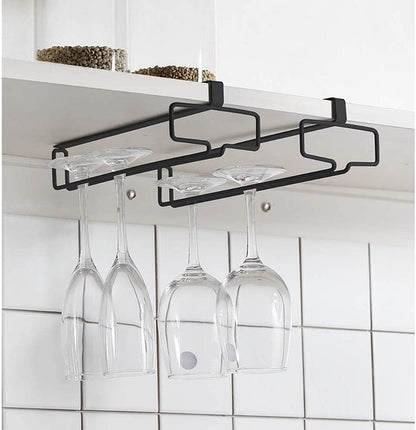 LINFIDITE Wine Glass Holder 2PCS Stemware Rack Hanger Under Cabinet Wine Glass Rack Kitchen Hanging Storage Rack Organizer,Black