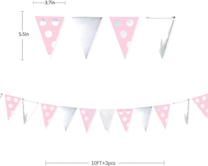 30 Ft Silver Pink Polka Dot Pennant Banner Blush Paper Circle Dot Triangle Flags Bunting Garland for Baby Shower Bridal Shower Wedding Bachelorette Christmas Holiday Girls Birthday Party Decorations