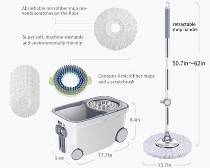 Spin Mop Bucket Deluxe 360 Spinning Floor Cleaning System with 6 Microfiber Replacement Head Refills,62" Extended Handle,4X Wheel for Home Cleaning