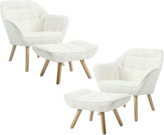 Modern Sherpa Accent Chair with Ottoman Set of 2, Fluffy Upholstered Lounge Chair with Footrest