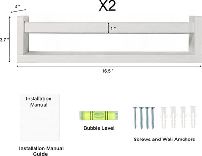 Nursery Book Shelves | Set of 2 Wood Floating Shelves for Kids Room, Kitchen Spice Rack, or Rustic Wall Mounted | Farmhouse Bathroom Décor (White)