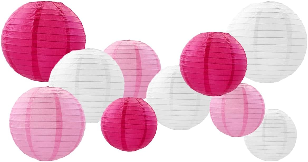 Paper Lanterns Decorations,Paper Hanging Decorations Ball Lanterns Lamps for Girl Birthday Parties, Bridal Showers, Baby Showers, Wedding（10 Pcs,4 in/6 in/8 in/10 in,Pink/White）