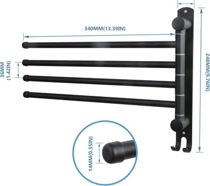 Black Towel Rack JSVER Swivel Towel Rack Wall Mounted, SUS304 Stainless Steel Towel Bar, 4 Arms Space Saving Towel Holder, Towel Racks for Bathroom