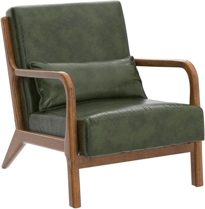 Glitzhome 2 Set Mid Century Hunter Green Accent Armchair, Single Reading Armchair PU Leather Lounge Chair with Walnut Ruberwood Frame