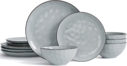 Famiware Dinnerware Sets for 4, Ocean Round 12-Piece Kitchen Plates and Bowls Sets, Reactive Glaze, Microwave and Dishwasher Safe, Scratch Resistant, Grey