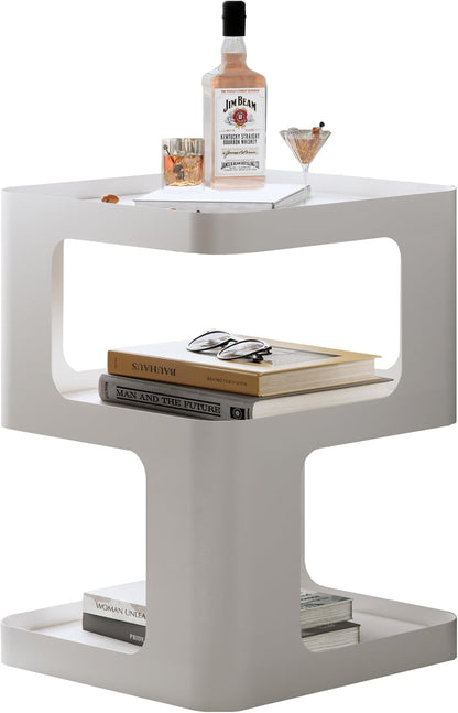 Modern Side Table,White end Table,Unique nightstand,Bedside Table,Metal 3-Tier Night Stand with Storage,Accent Side Table for Couch,Bedroom,Living Room.No Assembly Required.