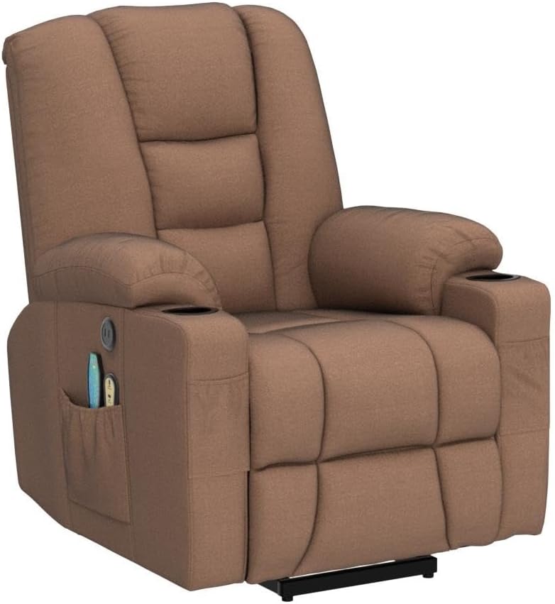VIVIJASON Power Lift Chair Electric Recliner for Elderly Heated Vibration Massage Fabric Recliner Chair with 2 Remote Controls, Cup Holders, Side Pockets & USB Ports for Living Room (Coffee)