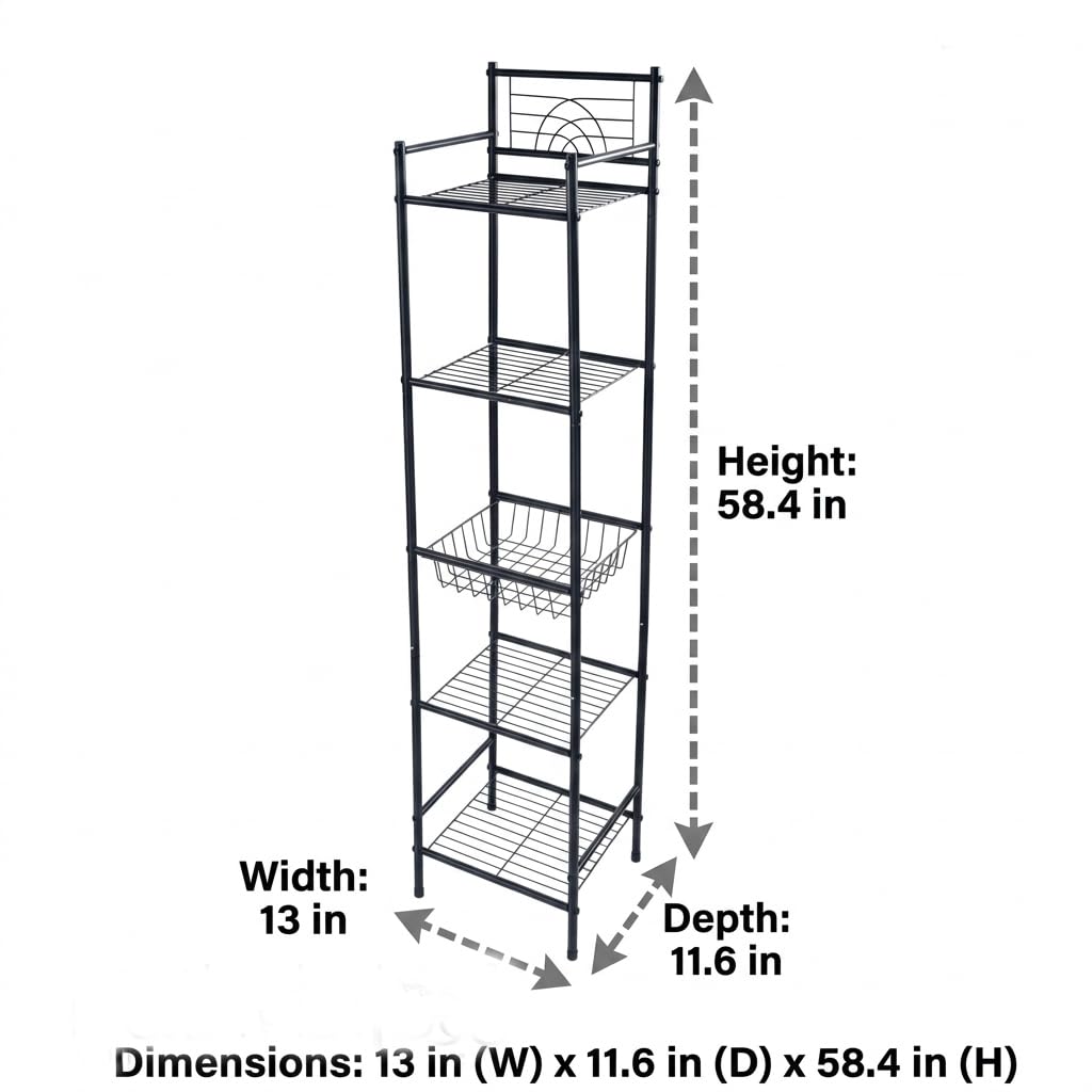 Bath Bliss 5 Tier Freestanding Bathroom Storage Shelf, Black Metal Organizer Rack | Rust Resistant