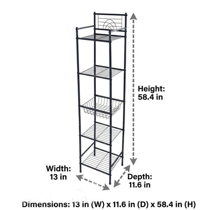 Bath Bliss 5 Tier Freestanding Bathroom Storage Shelf, Black Metal Organizer Rack | Rust Resistant