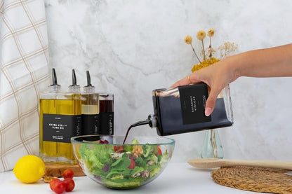 Molimoli Olive Oil Dispenser Bottle for Kitchen, Automatic Pourer, Glass Dispenser for Kitchen, Olive Oil Cruet, | Set of 4 - Black