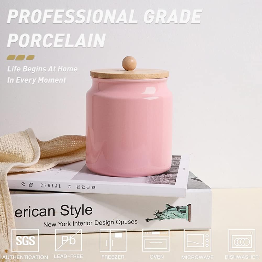 Sweejar Ceramic Kitchen Canisters, 28 FLOZ Porcelain Food Storage Jar with Airtight Seal Wooden Lid, Home Container Serving for Coffee Beans, Tea-leave, Sugar, Salt and More, Tool Bucket (Pink)