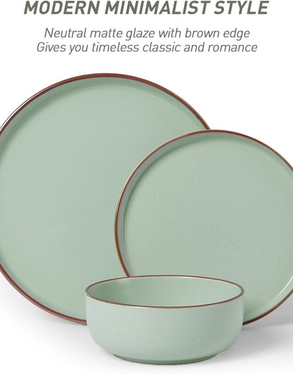 Famiware Mercury Plates and Bowls Sets, 18 Pieces Stoneware Dinnerware Sets, Dishes Set for 6, Microwave and Dishwasher Safe, Light Green