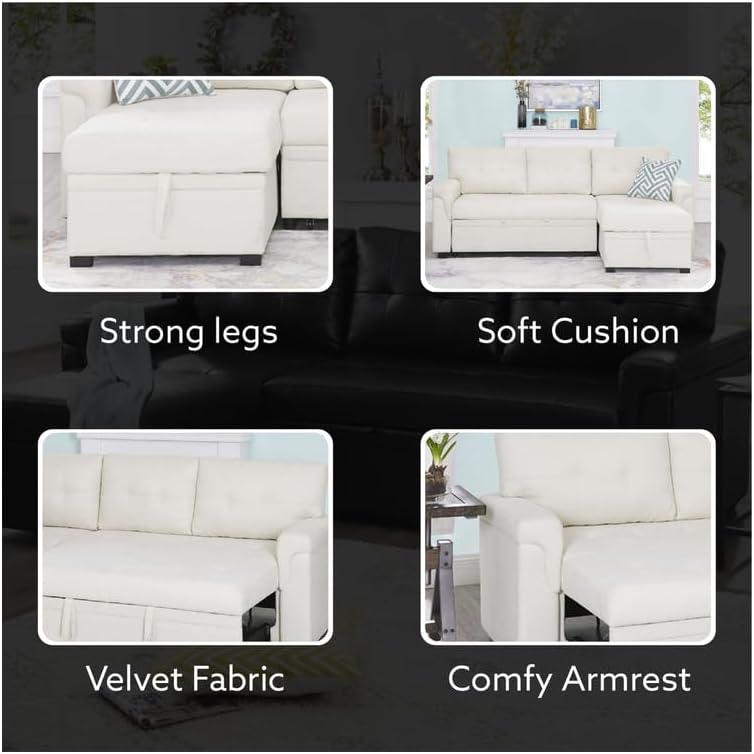 Naomi Home Transform Any Space: Sleeper Sectional Sofa with Convertible Sofa Bed & Inviting Chaise. Find Tranquil Comfort with Stress-Relieving Design & Durable Cushions - Cream/Velvet